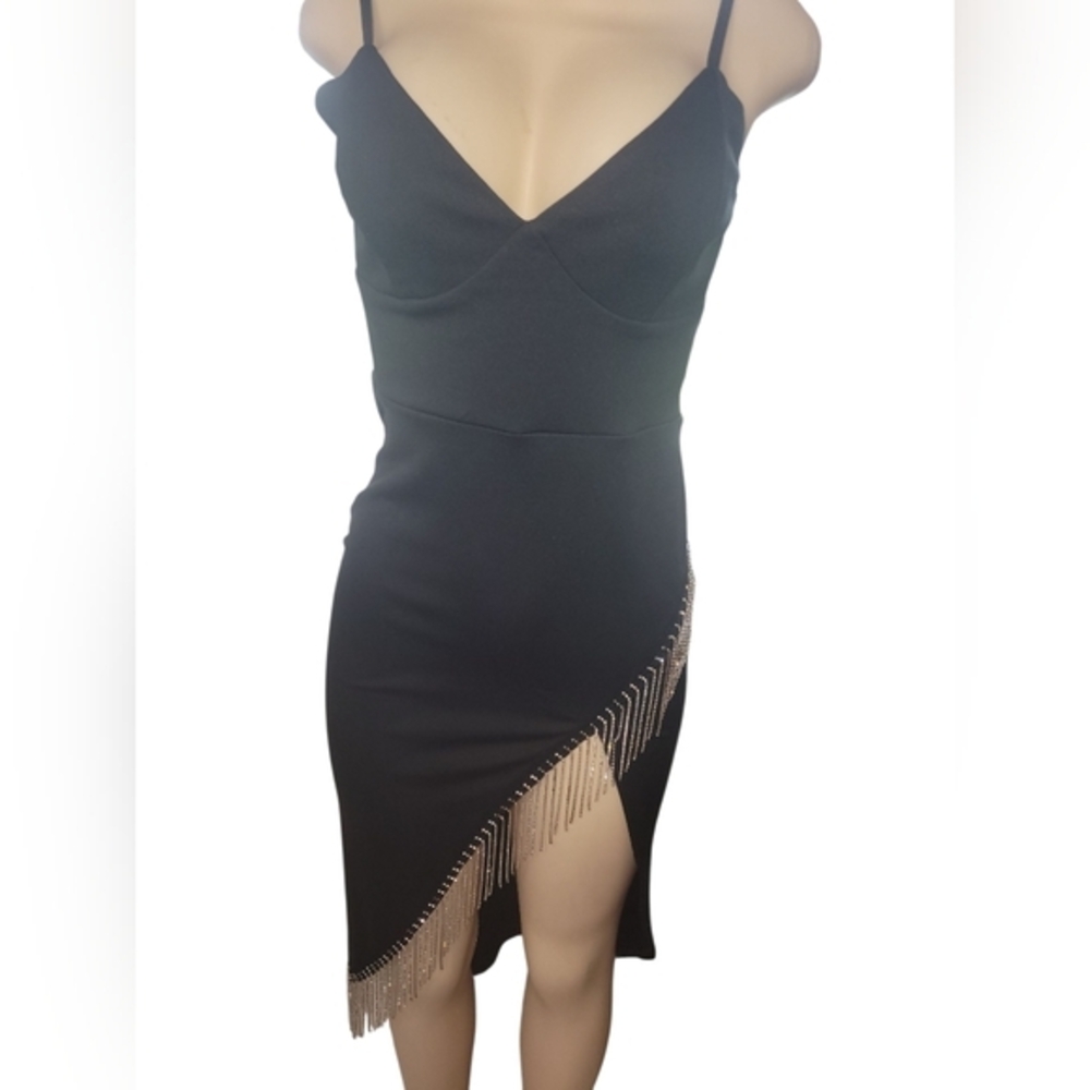 Chic Asymmetrical Black Dress with Fringe by [Brand] Size M